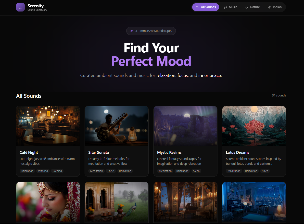 Serenity — Ambient Sound Sanctuary website mockup